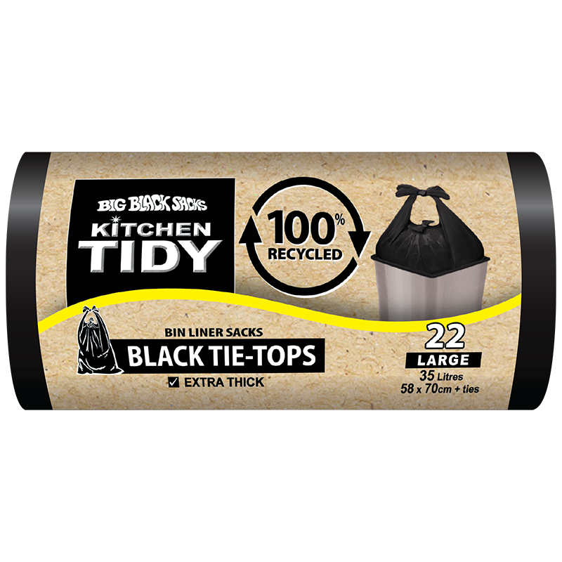 big black sacks, black tie-tops bin liner sacks, LITTLE BLACK SACKS 100% recycled TIE-TOPS Large 22pk