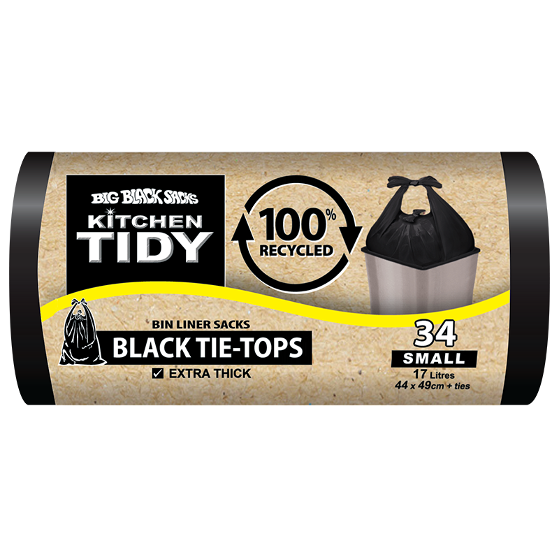 big black sacks, black tie-tops bin liner sacks, LITTLE BLACK SACKS 100% recycled TIE-TOPS Small 34pk