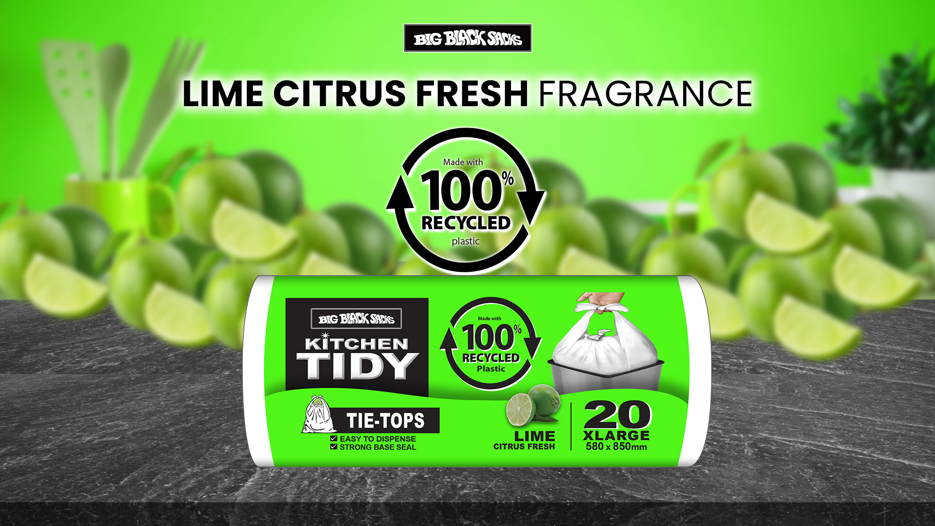 Kitchen TIDY Lime Citrus Fresh XL bin sacks made with 100% recycled plastic