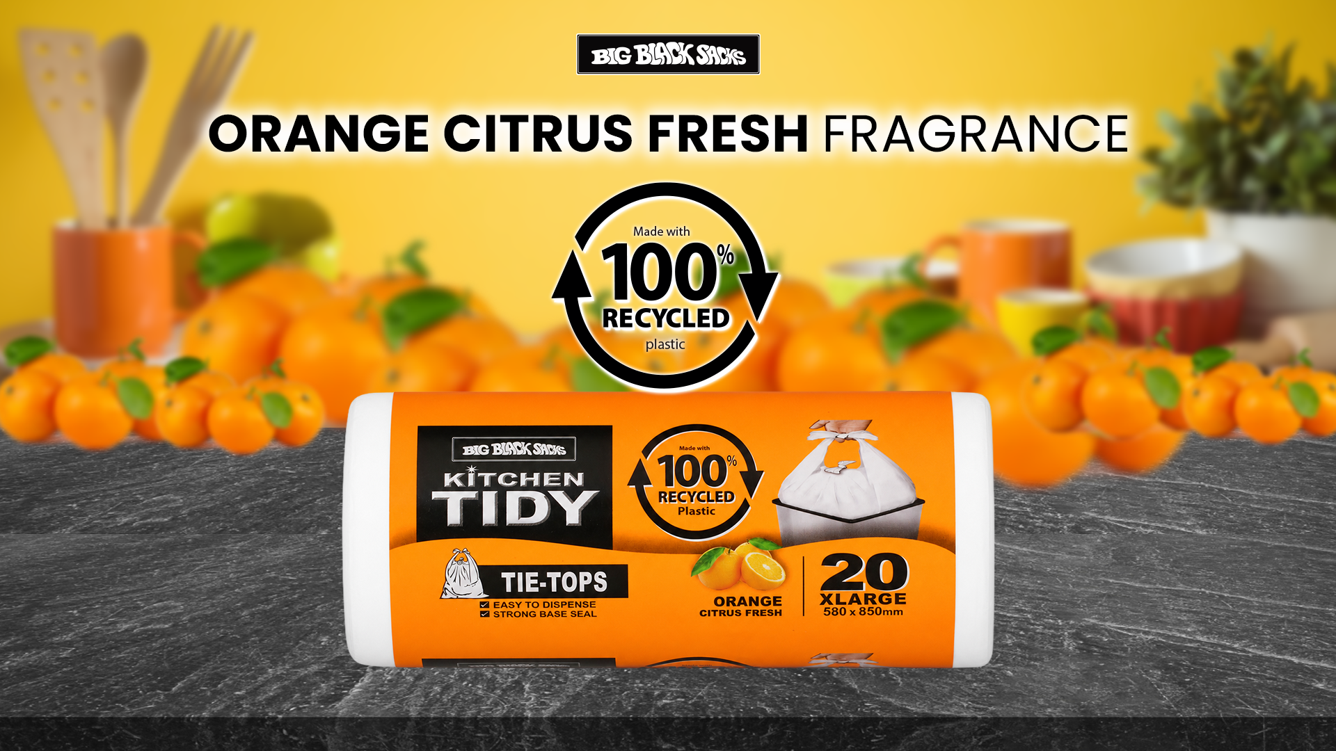 Kitchen TIDY Orange Citrus Fresh XL bin sacks made with 100% recycled plastic