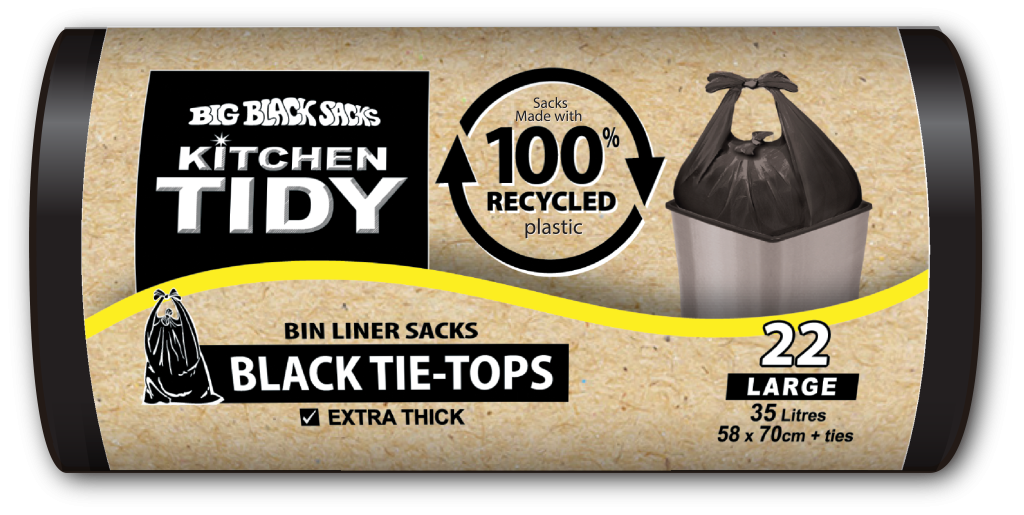 Kitchen TIDY Black Tie-Tops large 22 pack rubbish sacks