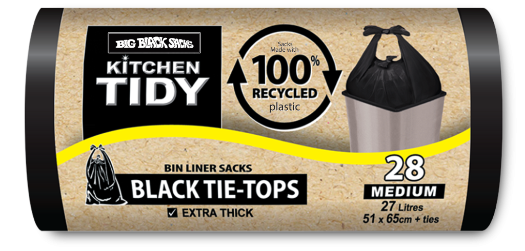 Kitchen TIDY Black Tie-Tops medium 28 pack rubbish sacks