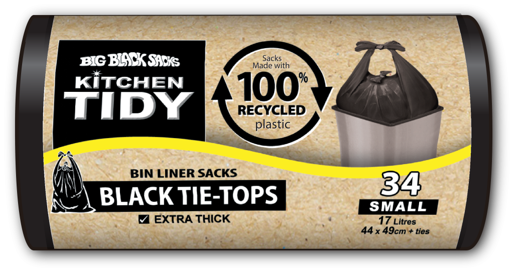 Kitchen TIDY Black Tie-Tops small 34 pack rubbish sacks
